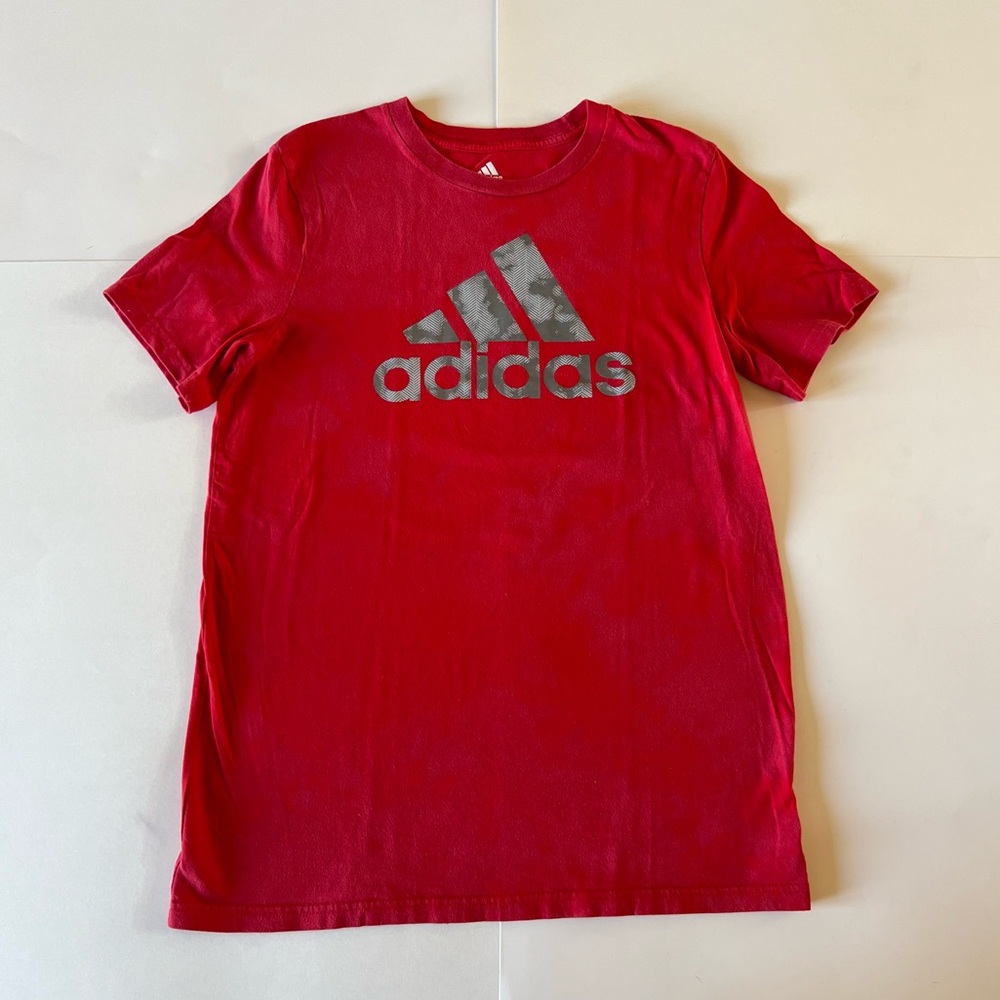 Adidas Large 14/16 Red Gray Logo Shirt Top Tee